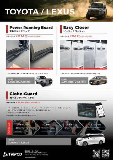 TOYOTA LAND CRUISER250 トヨタ ランドクルーザー250 電動サイドステップ パワーランニングボード/BP-TYRB2 40系ALPHARD/VELLFIRE専用 アルファード/ヴェルファイア専用オートクロージャー/イージークローザー/TP-EGC40/セキュリティ/SECURITY/グローブガード/GLOBE-GUARD/￥35,000